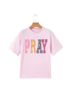 Pink PRAY Sequin Leopard Multiple Patched Graphic Tee