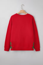 Fiery Red Merry and Bright Plaid Embroidered Letter Graphic Sequin Bow Decor Christmas Sweatshirt