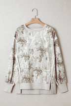Gray Leafy Camo Print Exposed Seam Patchwork Baggy Slit Sweatshirt