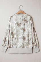 Gray Leafy Camo Print Exposed Seam Patchwork Baggy Slit Sweatshirt