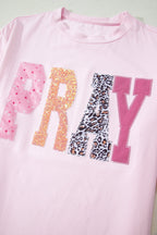 Pink PRAY Sequin Leopard Multiple Patched Graphic Tee