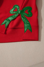 Fiery Red Merry and Bright Plaid Embroidered Letter Graphic Sequin Bow Decor Christmas Sweatshirt