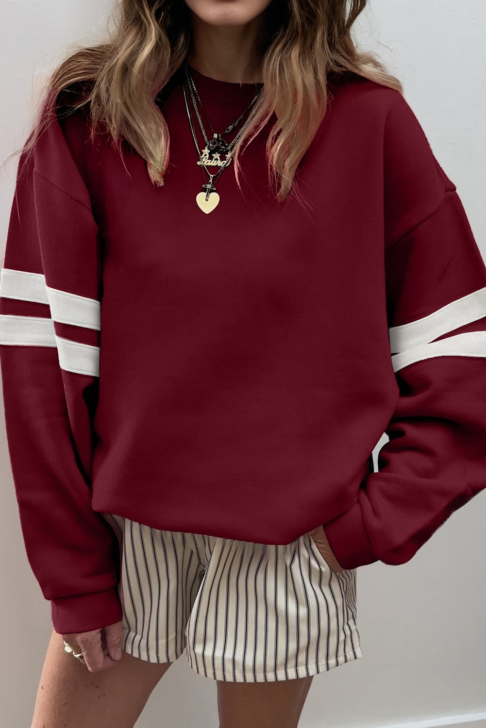 Tillandsia Purple Varsity Striped Detail Drop Shoulder Oversized Sweatshirt