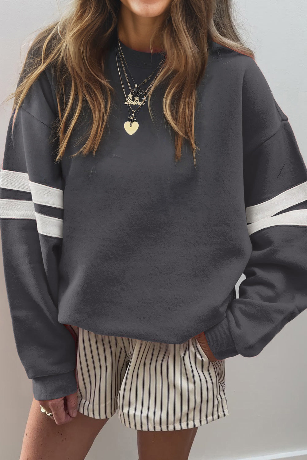 Tillandsia Purple Varsity Striped Detail Drop Shoulder Oversized Sweatshirt